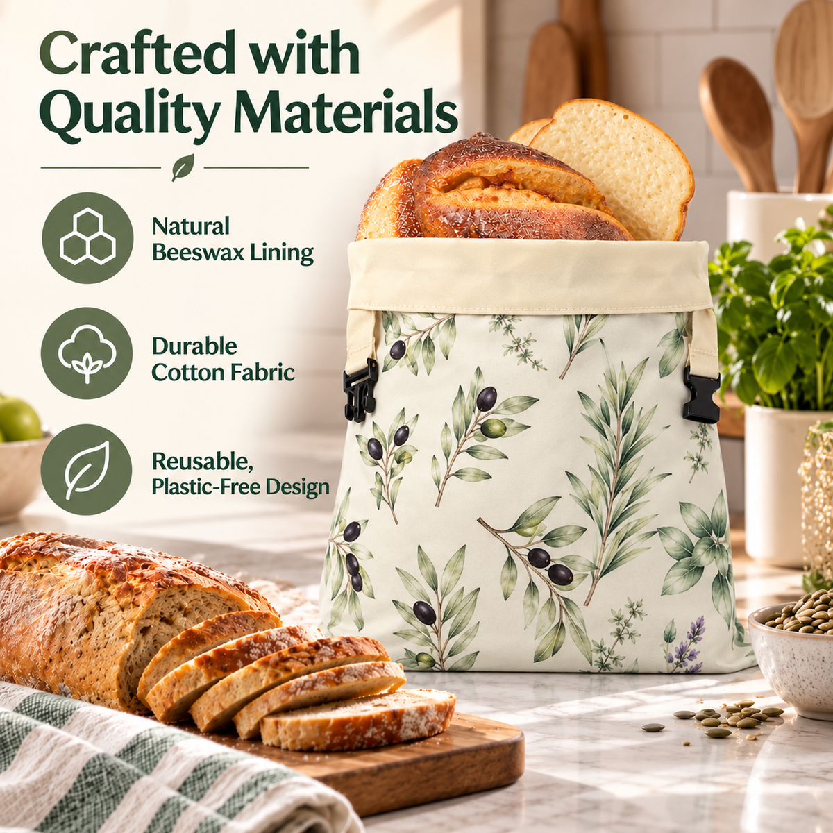 Cotton Beeswax Bread Bag with Detachable Buckle